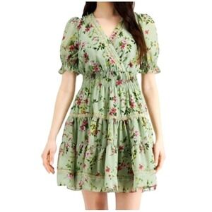TAYLOR Green FLORAL PRINT Lined CHIFFON Lace Trim SMOCK WAIST Tiered SUNDRESS 14
